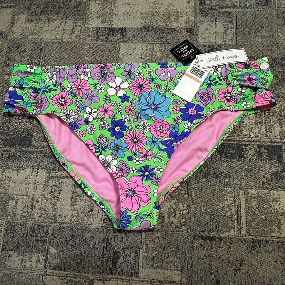 Salt + Cove NWT Bikini Bottoms 2X Peony Party Soft Side Tab Mid-Rise Green Pink - Picture 3 of 10
